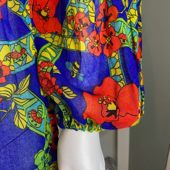 Vintage 70s Lanz Novelty Mushroom Butterfly Poppies Bee Sheer Blouse Tunic Shirt - Picture 4 of 13